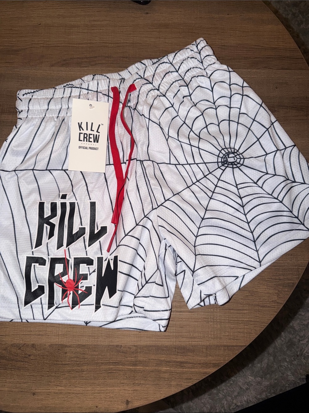 Kill Crew White Spiderweb Shorts with Red Drawstring